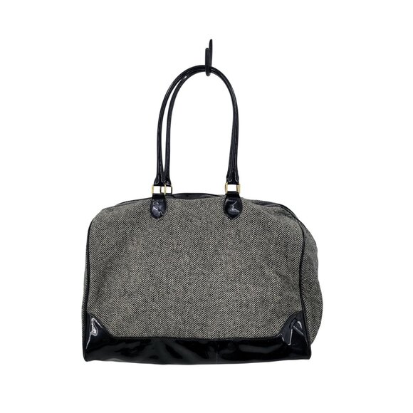 Herringbone Plaid Tweed Tote Handbag Black Vegan Patent Leather Duffle Travel - Picture 1 of 11